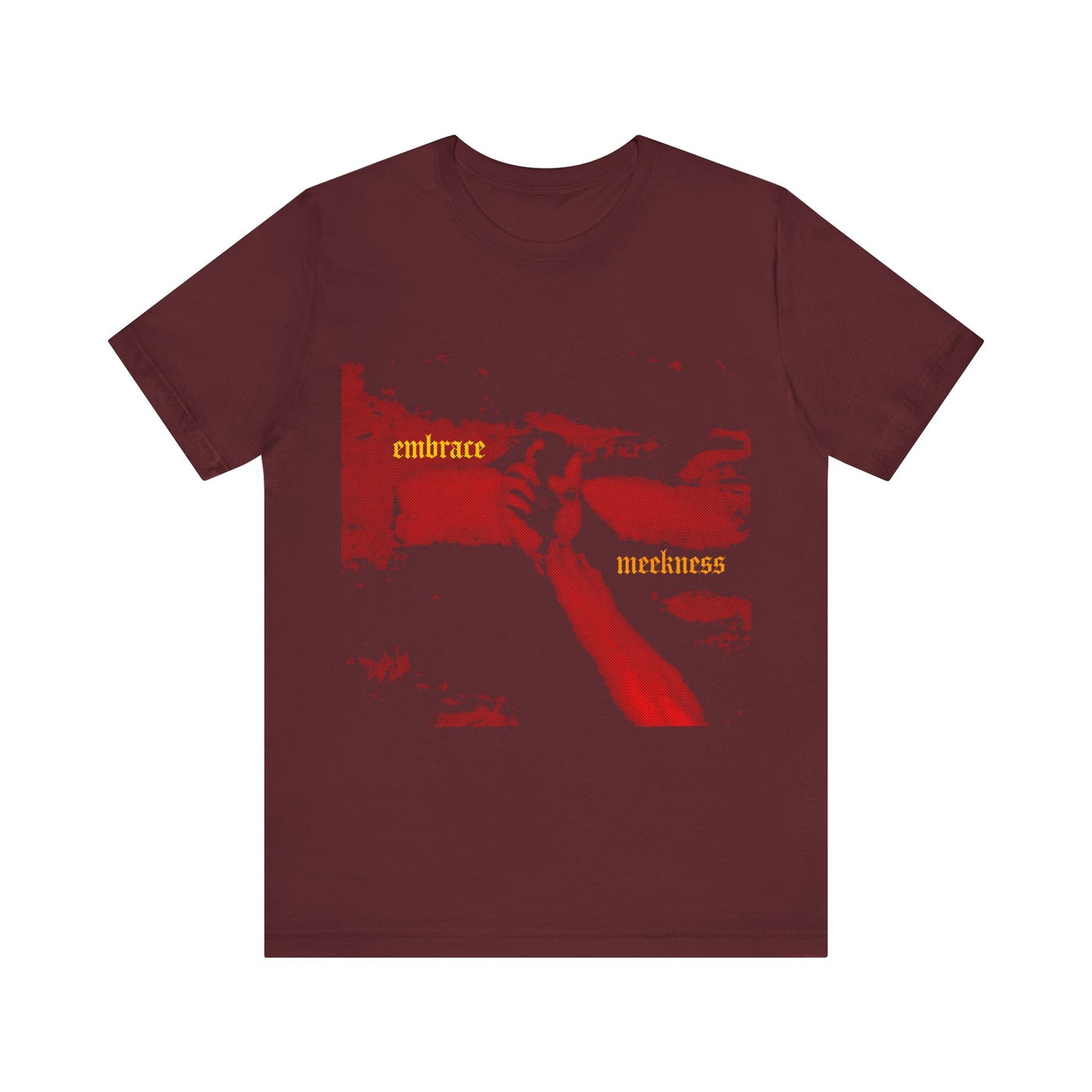 Maroon cotton t-shirt with a red graphic of the crucified hand of Christ and yellow gothic text “embrace meekness,” inspired by The Ladder of Divine Ascent; by Haltone Art.