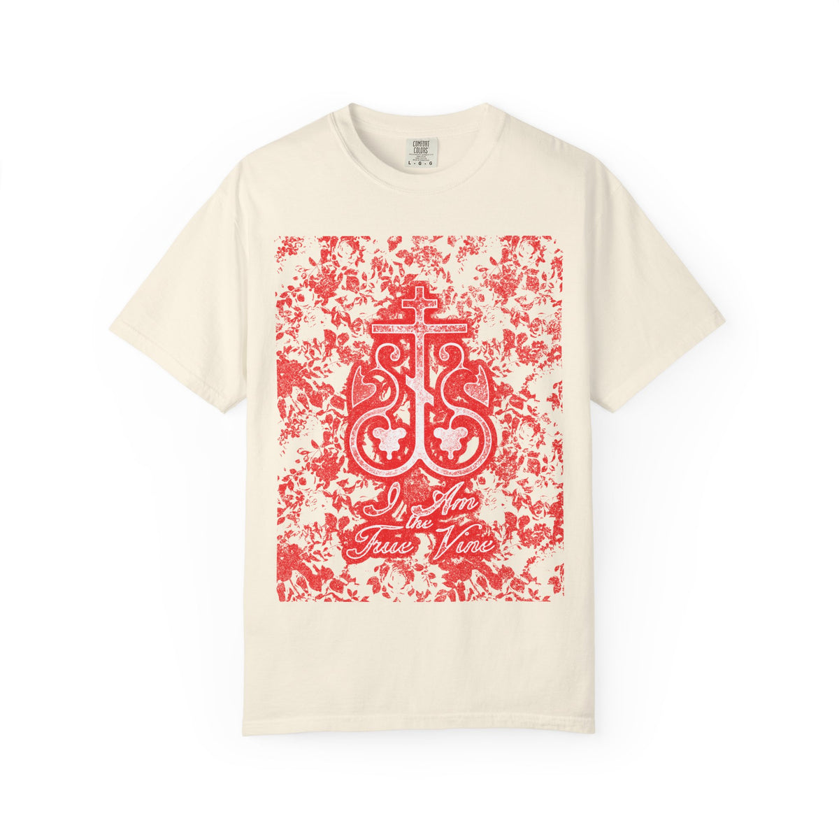 Ivory heavyweight cotton unisex tee featuring a red and black floral Orthodox Cross vine monogram and the text “I Am the True Vine” (John 15:1), inspiring you to bear fruit in every season.