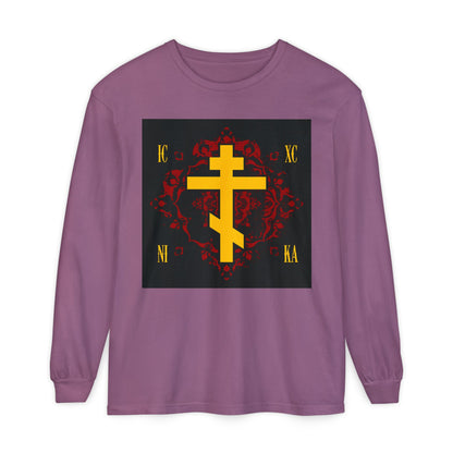 Berry long-sleeve shirt featuring a yellow Russian cross on an ornate red background with "ICXC NIKA" design—Jesus Christ Conquers. Orthodox Christian apparel.