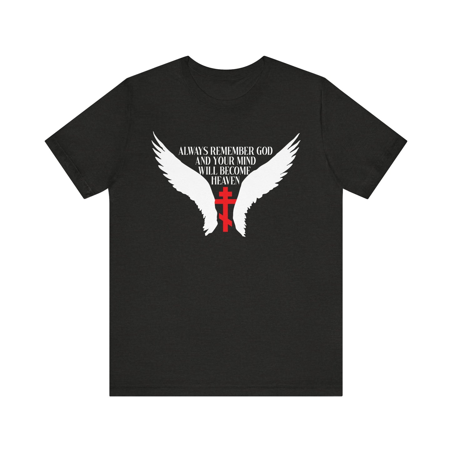 Black Heather tee featuring white angel wings, an Orthodox cross, and "Always Remember God and Your Mind Will Become Heaven"—inspired by St Neilos the Ascetic. Lightweight Christian unisex cotton shirt.