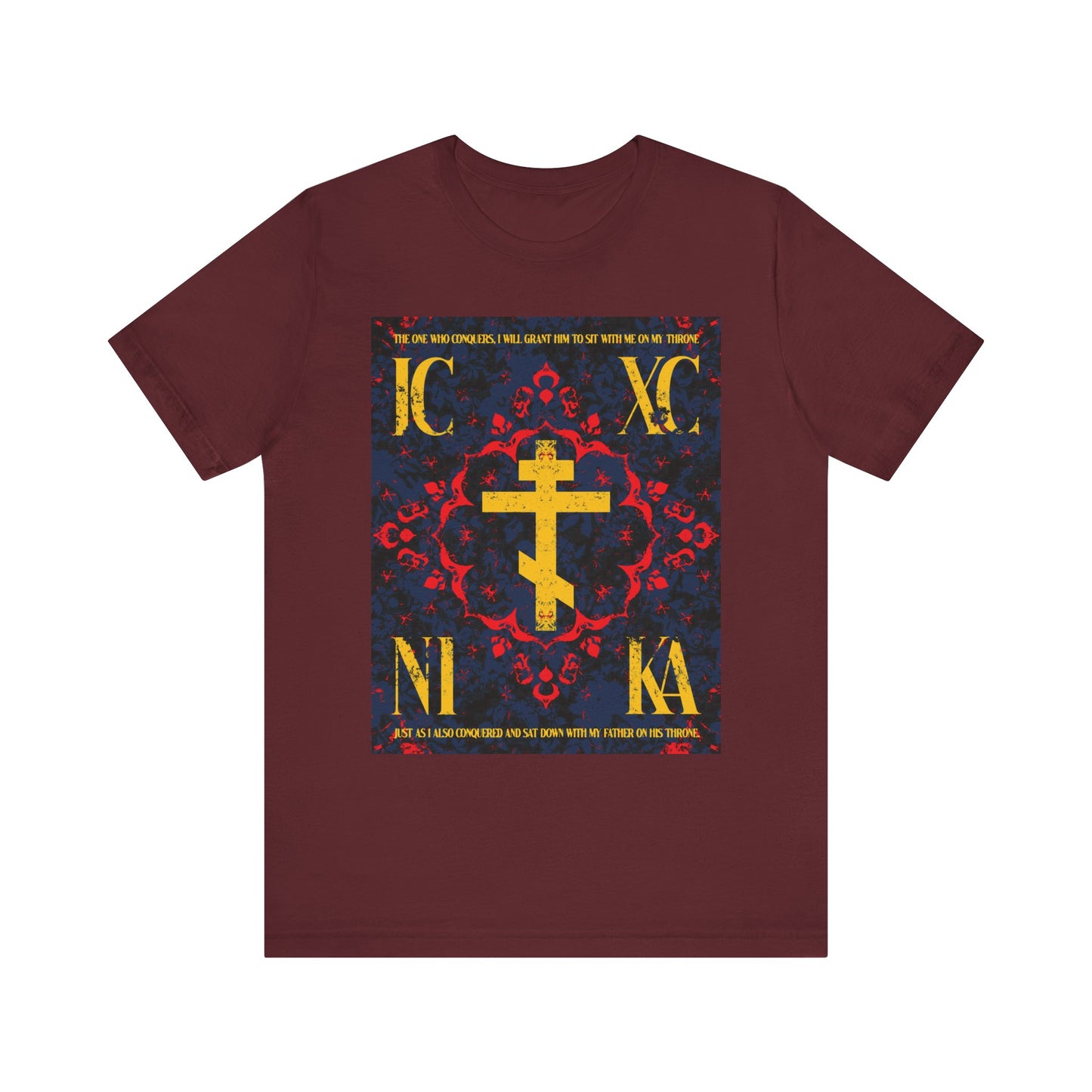 Maroon lightweight cotton unisex t-shirt featuring the IC XC NIKA Orthodox Cross with a medieval floral design, inspired by "The One Who Conquers" (Revelation 3:21).