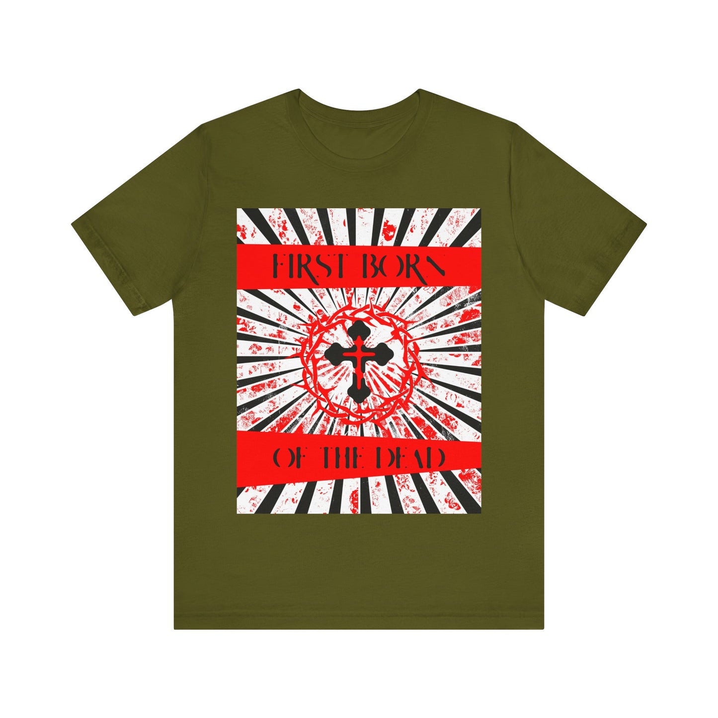 First Born of the Dead | Orthodox Cross and Crown of Thorns | Red White and Black Textured Design with Rays | Orthodox Christian Cotton T-Shirt