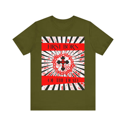 First Born of the Dead | Orthodox Cross and Crown of Thorns | Red White and Black Textured Design with Rays | Orthodox Christian Cotton T-Shirt