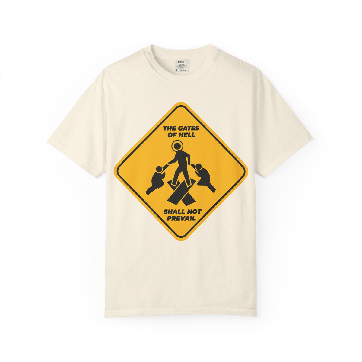 Inspired by St John Chrysostom and Isaiah 45:2-3, the “Gates of Hell Shall Not Prevail” Heavyweight Cotton Unisex Tee features a minimalist yellow street sign graphic on an ivory background, boldly declaring faith and resilience with its message: “The gates of hell shall not prevail.”.