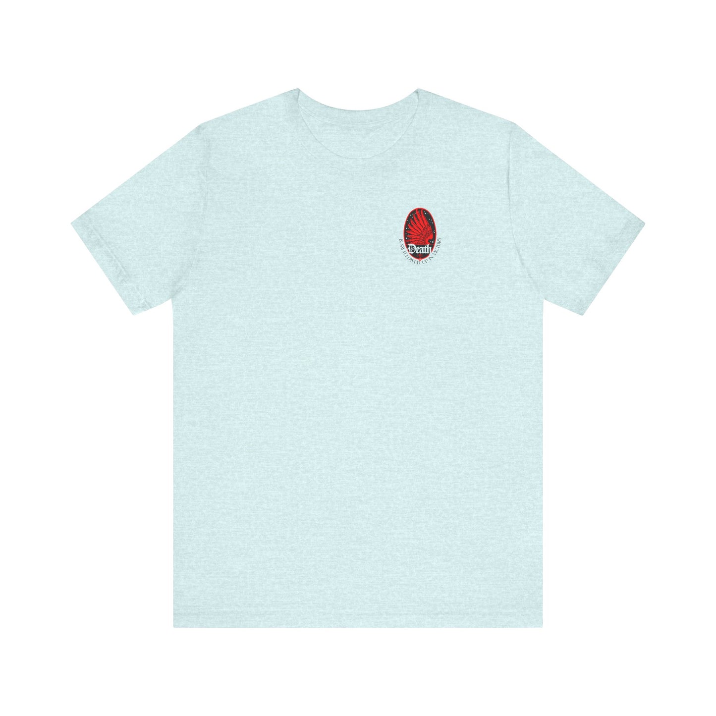 Heather Prism Ice Blue unisex t-shirt featuring a small Art Nouveau eagle wing and stars design with the phrase "Death is Swallowed Up In Victory" (1 Cor 15:54) on the left chest. Lightweight, soft Orthodox cotton tee.