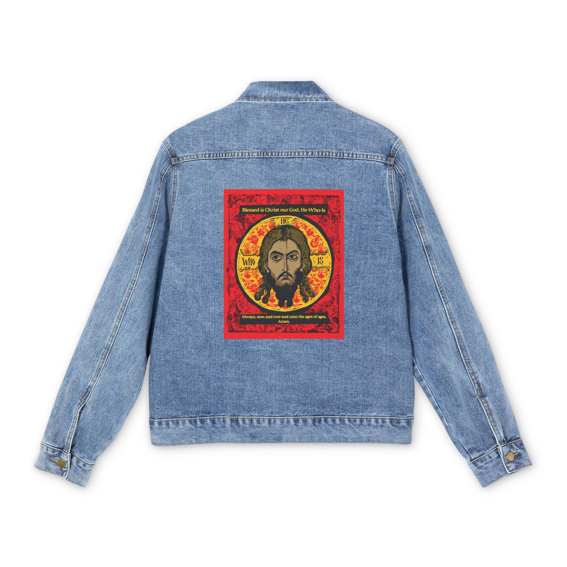 The Made Without Hands jean jacket by Remembrance of Death features a bold Orthodox icon of Jesus Christ in red, black, and yellow on the back—perfect for layering over your favorite t-shirt.