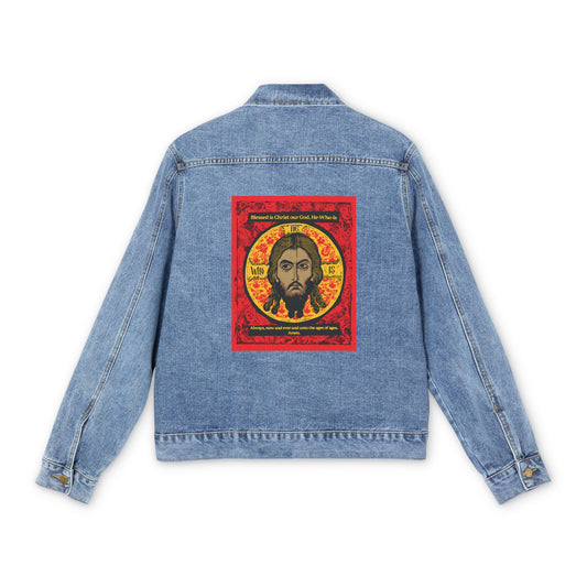 The Made Without Hands jean jacket by Remembrance of Death features a bold Orthodox icon of Jesus Christ in red, black, and yellow on the back—perfect for layering over your favorite t-shirt.