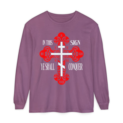 Berry long-sleeve shirt featuring a red ornate Orthodox Cross and the text "In this sign ye shall conquer," inspired by Christian faith. Product name: In This Sign Ye Shall Conquer | ICXC NIKA | Jesus Christ Conquers.
