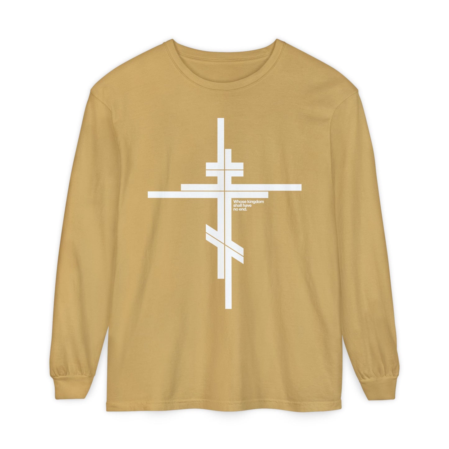 Whose Kingdom Shall Have No End | Luke 1:32-33 | Orthodox Cross | Modernist Minimalist Logo Style | Orthodox Long Sleeve Cotton Shirt