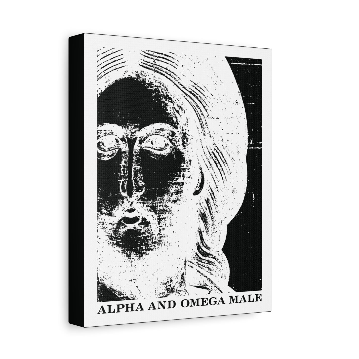 A black and white abstract face with long hair and beard; text reads Alpha & Omega Male, inspired by Jesus Christ Icono-Graphic Photonegative Orthodox Canvas Wall Art—“I am the Beginning & the End (Rev 22).”.