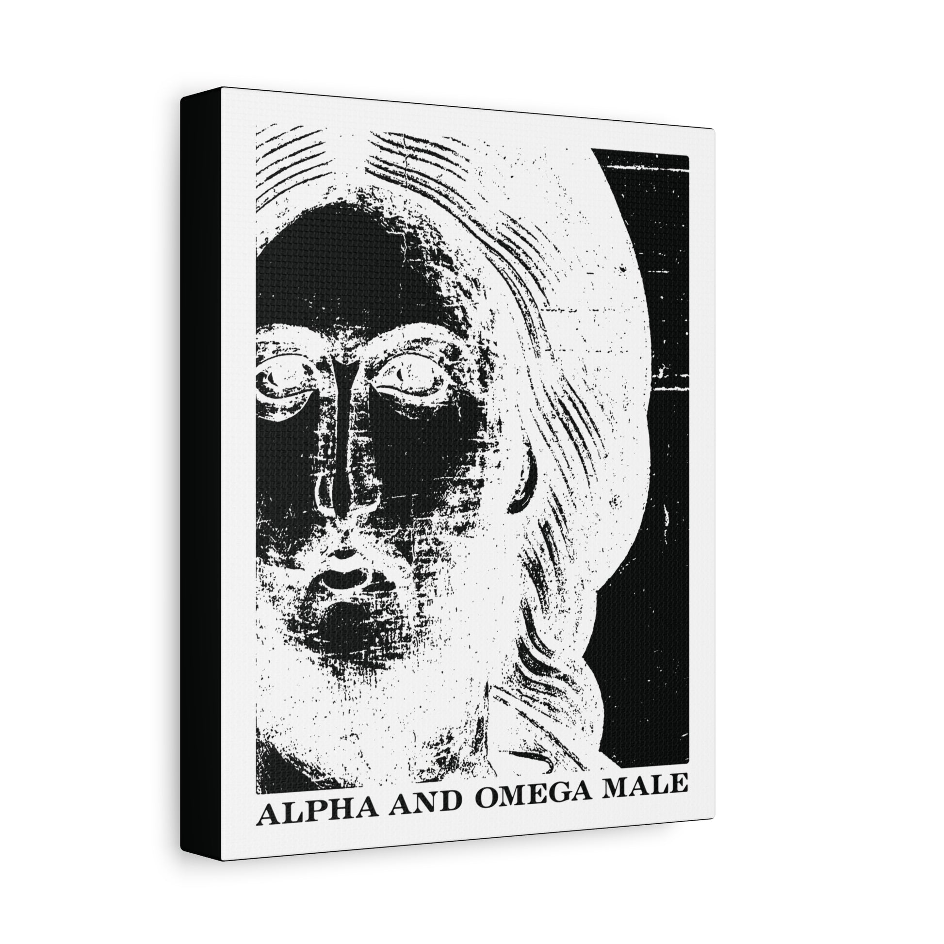 A black and white abstract face with long hair and beard; text reads Alpha & Omega Male, inspired by Jesus Christ Icono-Graphic Photonegative Orthodox Canvas Wall Art—“I am the Beginning & the End (Rev 22).”.