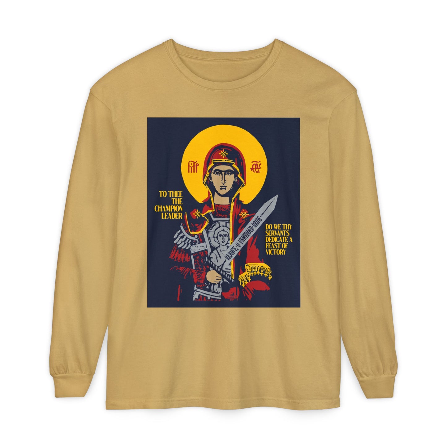 To Thee the Champion Leader | Mother of God | Theotokos with Sword IconoGraphic | Orthodox Christian Long Sleeve Shirt