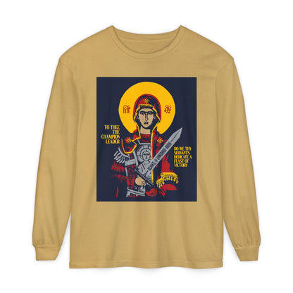 To Thee the Champion Leader | Mother of God | Theotokos with Sword IconoGraphic | Orthodox Christian Long Sleeve Shirt
