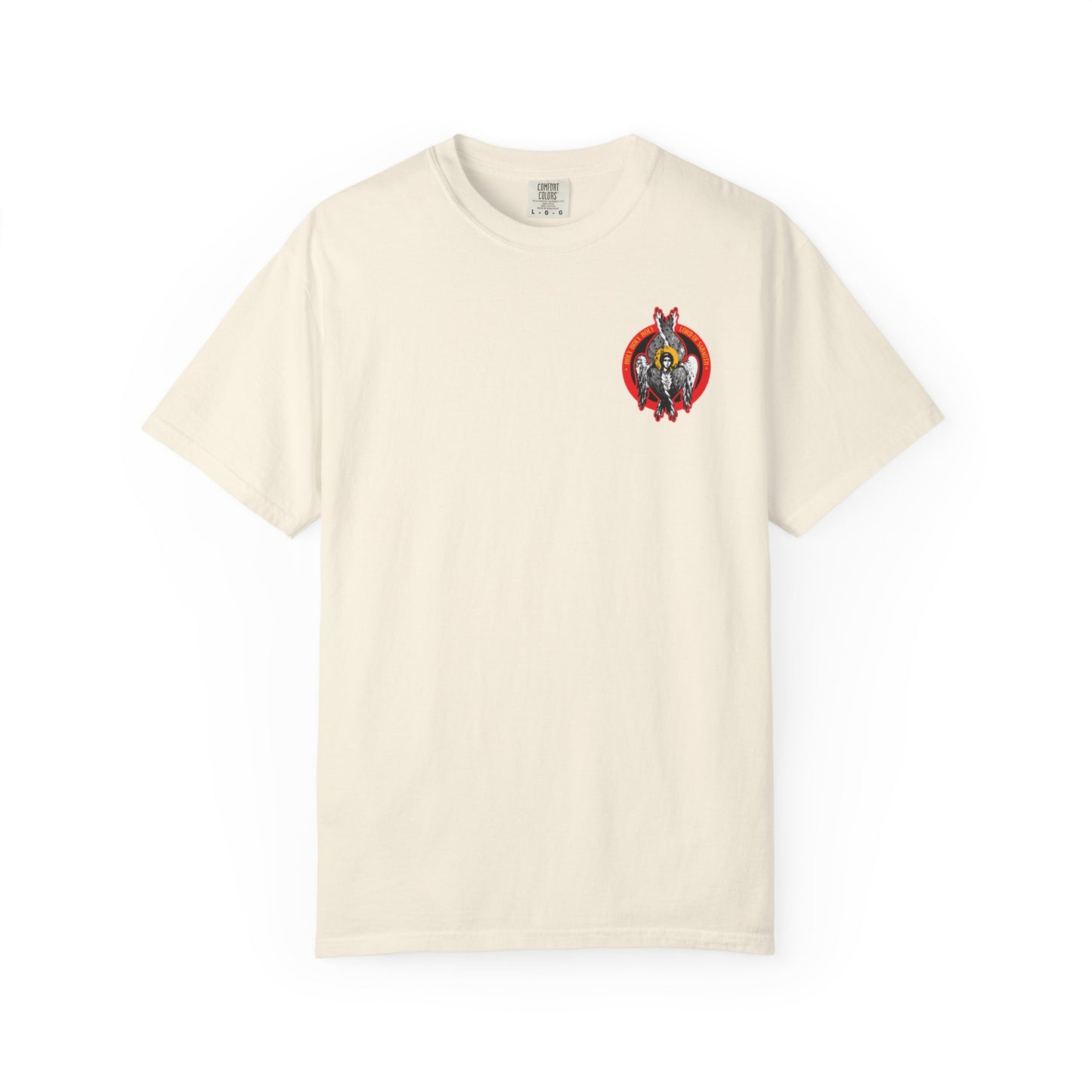 Ivory heavyweight cotton unisex tee featuring a small, colorful seraphim angel icon inspired by the heavenly hosts of God, symbolizing spiritual purity; Holy Holy Holy Seraphim Angel Icono-Graphic design.