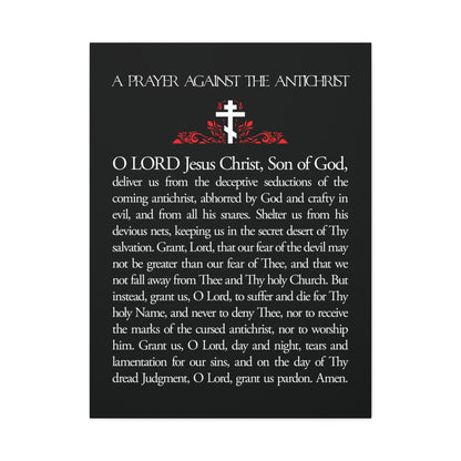 Orthodox Christian wall art featuring the "Prayer Against the Antichrist By Elder Anatoly the Younger of Optina," with a cross and red flourish; inspired by Christ is King and Book of Revelation themes.