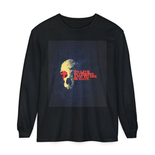 To Live is Christ and to Die is Gain | Phil 1:21 | Retro Texture | Glowing Letters and Cross with Skull | Orthodox Christian Long Sleeve Shirt