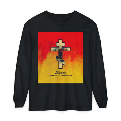 Behold, I Make All Things New (Revelation 21:5) | Cosmic Orthodox Cross on Red and Yellow Background | Orthodox Christian Long Sleeve Shirt