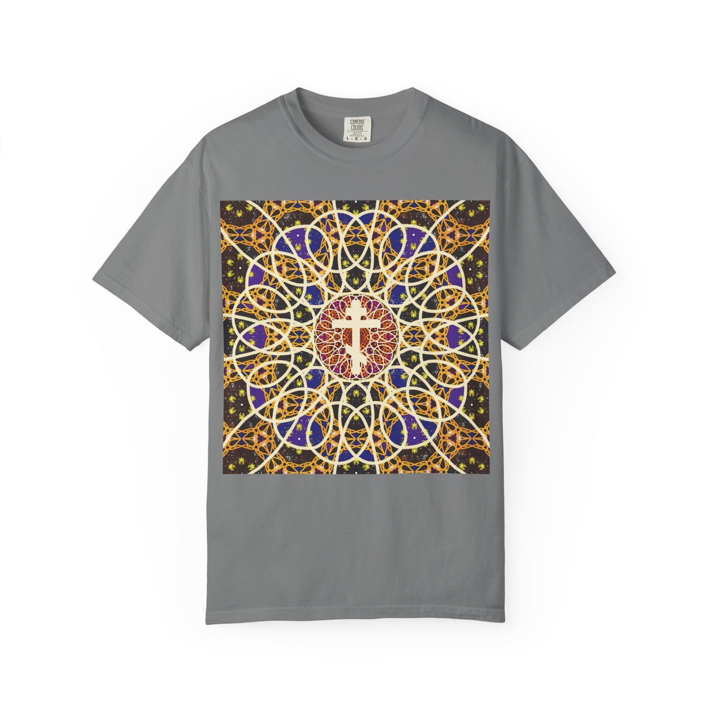 Grey heavyweight cotton unisex t-shirt featuring a colorful, ornate circular “Medieval Cosmology Rose Window” design with an Orthodox cross at the center on the front, inspired by Tone 6 Sunday Matins and evoking the imagery of the robe of incorruption. Let all the earth venerate the Cross.