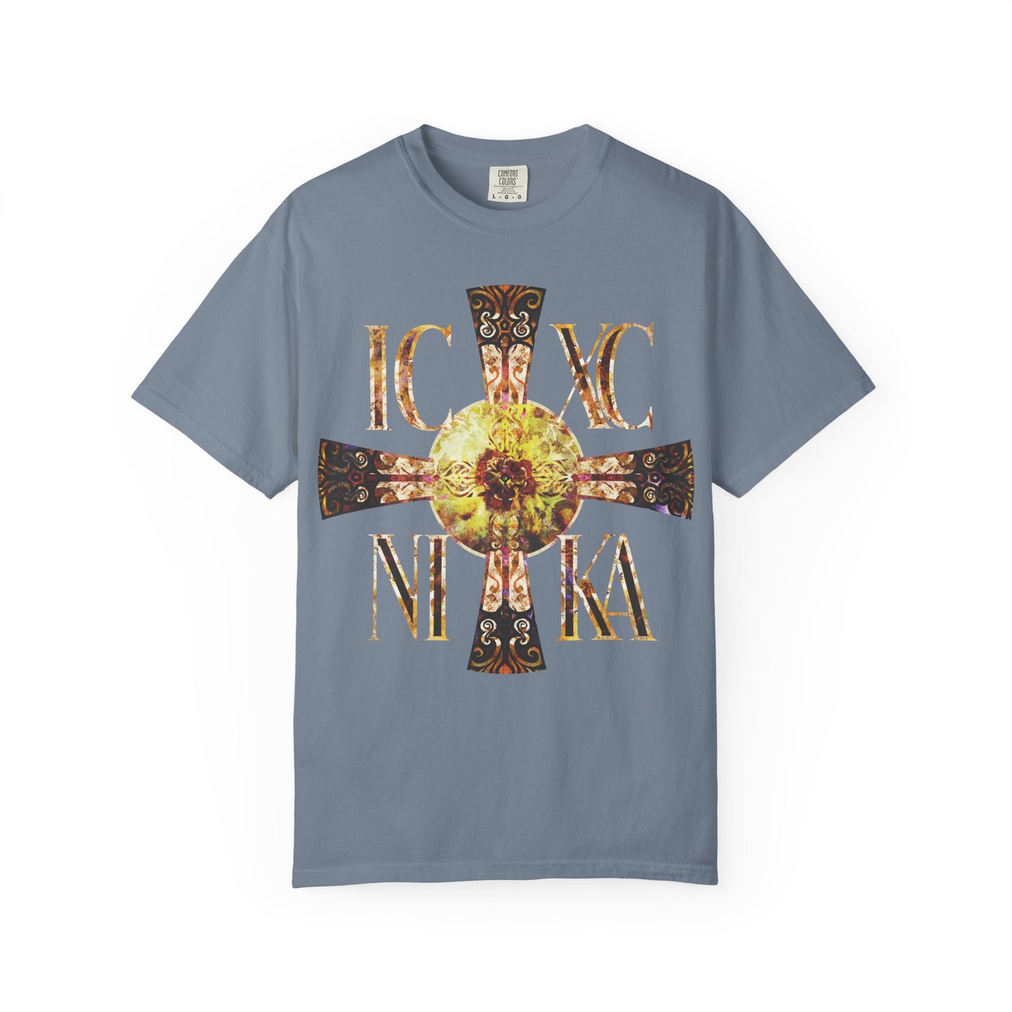 Blue Jean ICXC NIKA Celtic Style Equal Armed Cross Tee featuring a bright solar texture and gold IC XC NIKA lettering on the front, symbolizing victory in Christ beneath the never-setting Sun and honoring the Theotokos. Made from heavyweight cotton in a unisex fit.