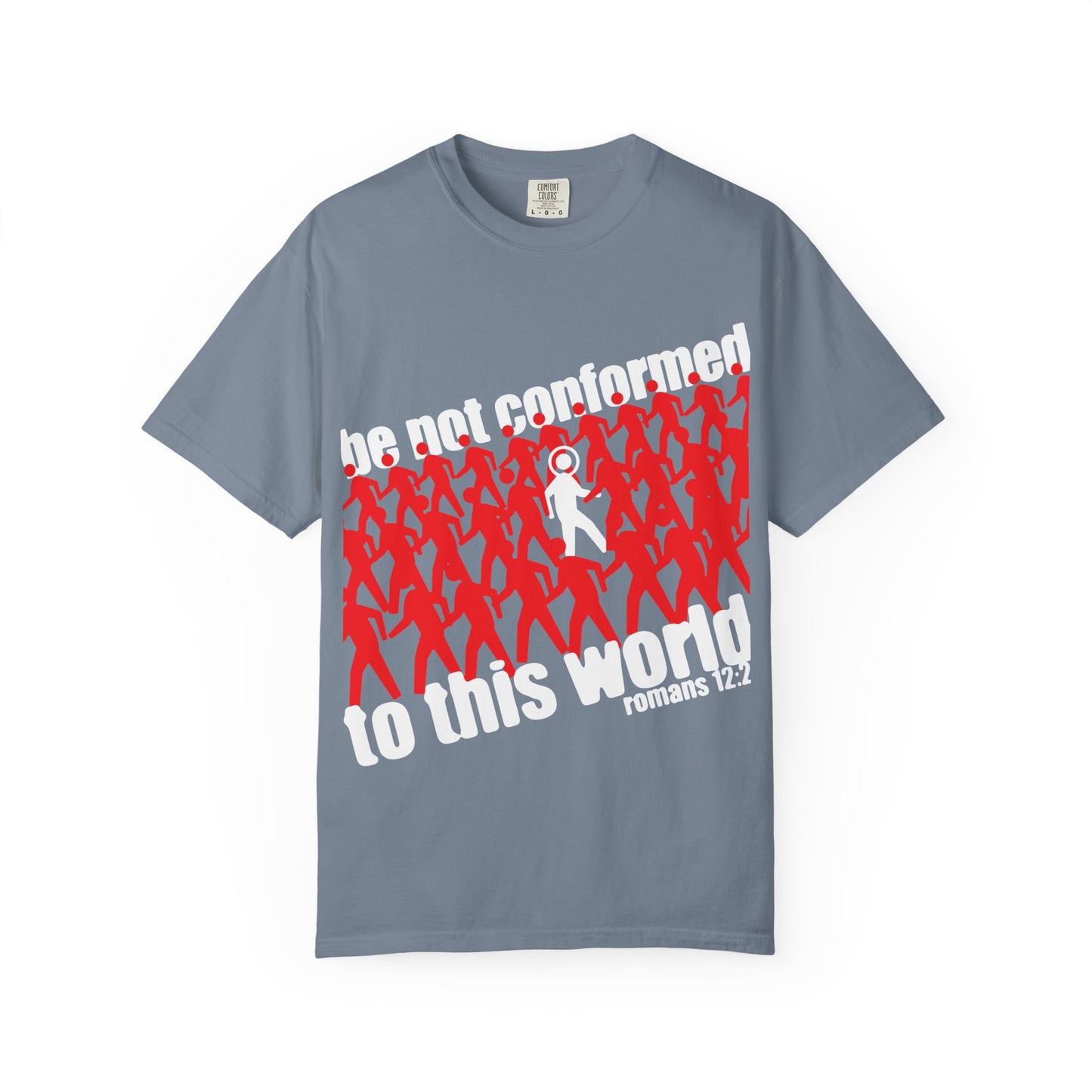Introducing the “Be Not Conformed to This World (Romans 12:2) | Reject the Modern World” Orthodox Christian Heavyweight Cotton Unisex Tee in Blue Jean—a striking design featuring red and white figures, paired with the inspiring message from Romans 12:2, reminding you of the transformative power of renewing your mind and embracing the call to true worship found in Romans 12:1-2.