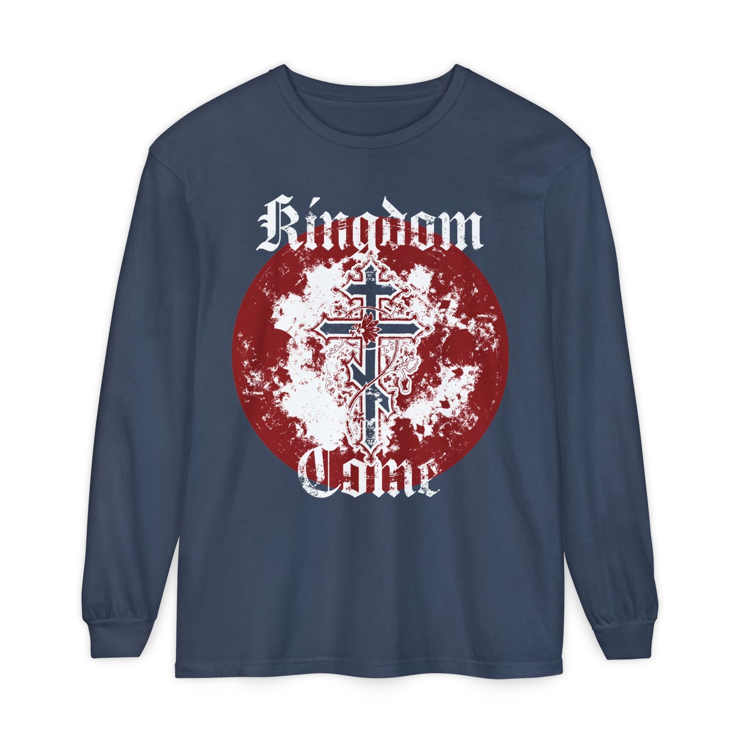 Kingdom Come | Lord's Prayer | Orthodox Cross with Vine | Textured Gothic Font | Orthodox Long Sleeve Cotton Shirt