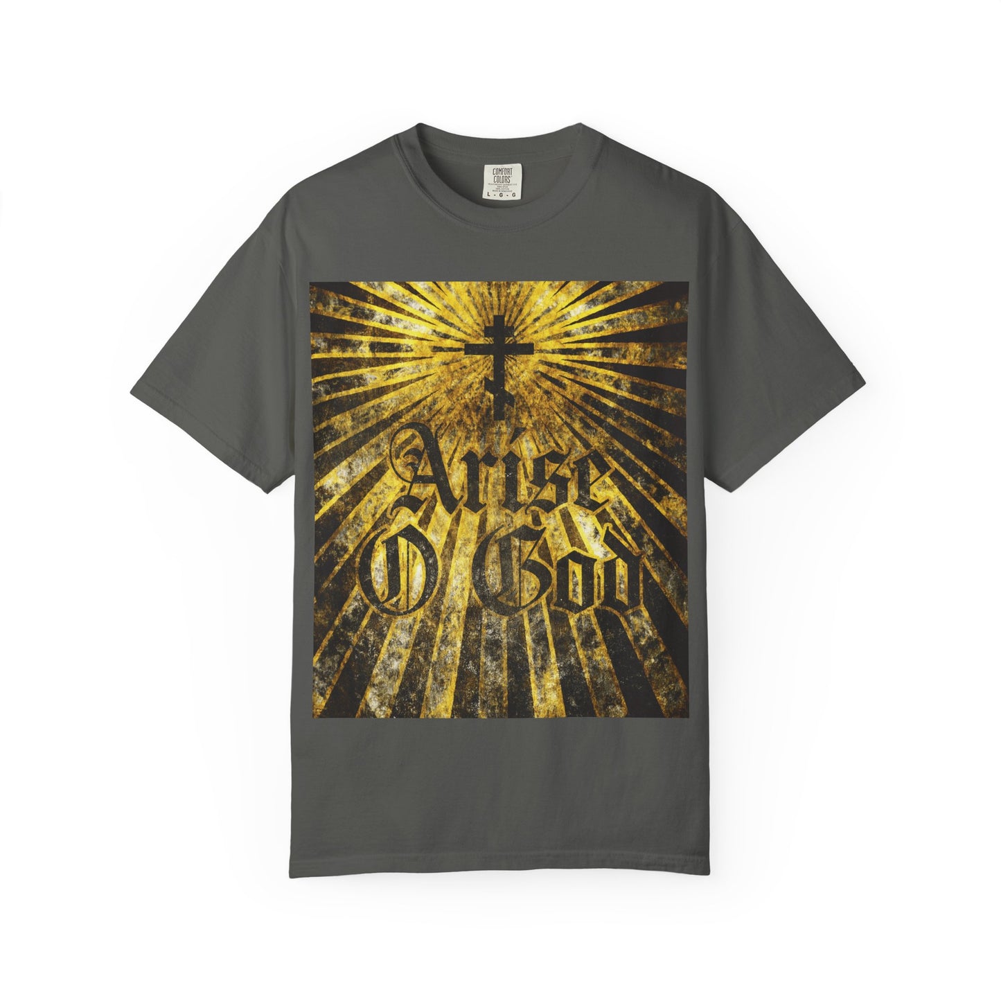 Arise O God | Psalm 81 (82 LXX) | Textured Gothic Font w/ Orthodox Cross & Golden Rays | Divine Council | Heavyweight Cotton Unisex T-Shirt
