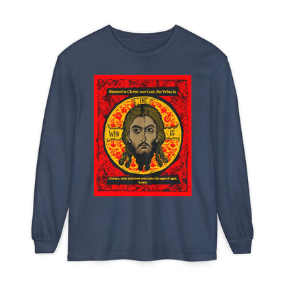 The Remembrance of Death "Made Without Hands (Mandylion/Image of Edessa)" long sleeve shirt features a red, black, and yellow Orthodox Jesus Christ icon graphic with halo and religious text, inspired by Troparion Tone 2, on a navy blue background.