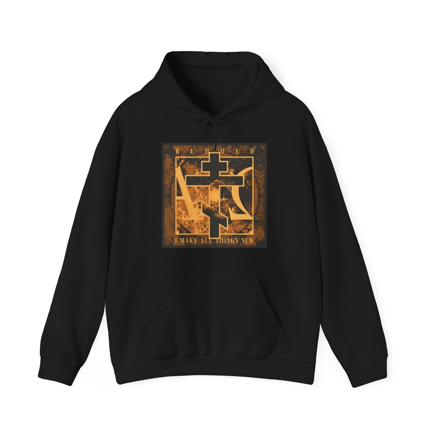 Black hoodie featuring a brown and orange Orthodox Cross with Alpha & Omega motif and “I MAKE ALL THINGS NEW” on the front—an inspiring nod to Revelation 21:5 for Orthodox Christians.