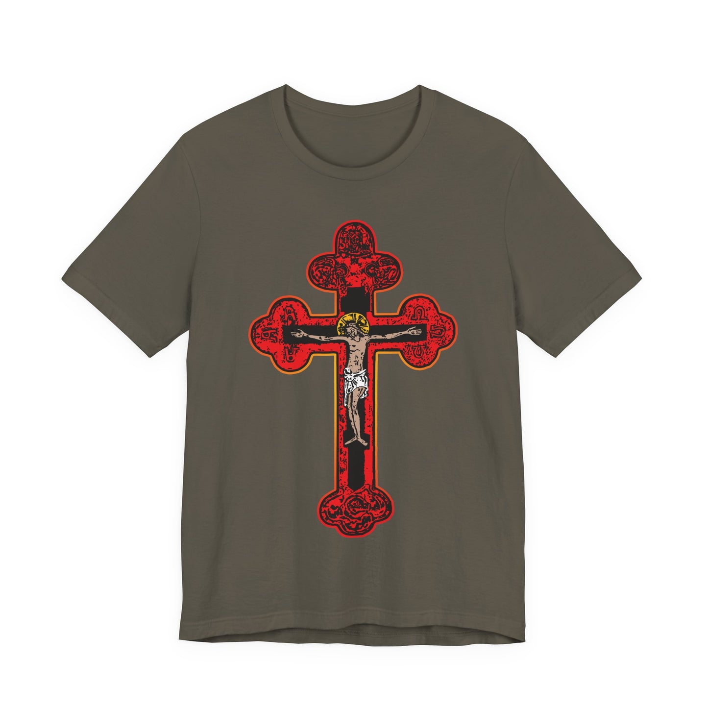 Army-colored unisex cotton tee featuring a large red Byzantine Golgotha cross with a gold and white crucifix on the front, inspired by "by His stripes we are healed" and displaying Alpha & Omega motifs.
