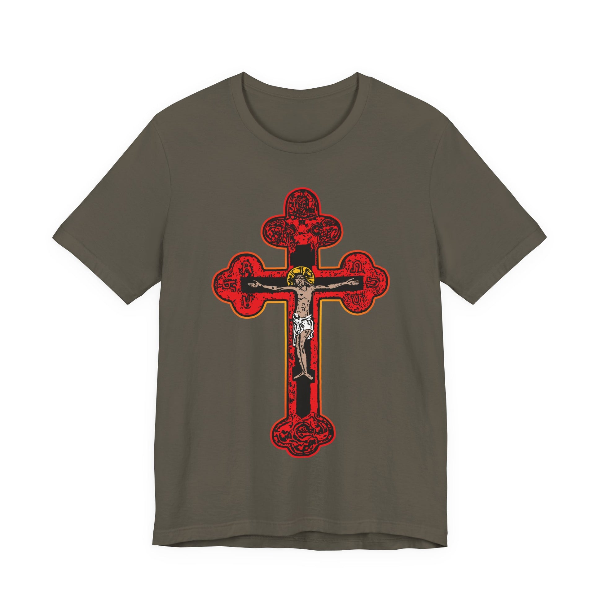Army-colored unisex cotton tee featuring a large red Byzantine Golgotha cross with a gold and white crucifix on the front, inspired by "by His stripes we are healed" and displaying Alpha & Omega motifs.