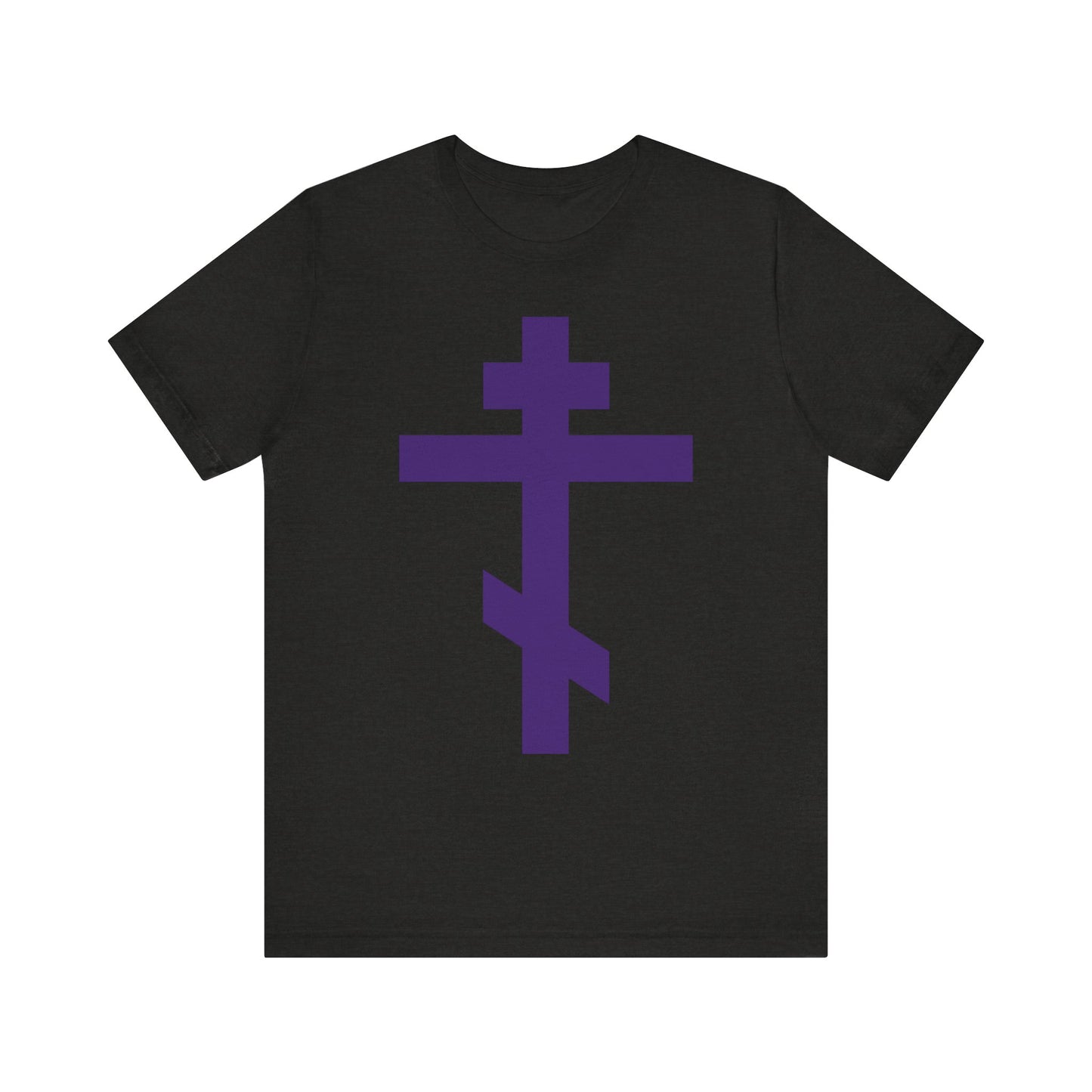 Black Heather t-shirt featuring a large purple Orthodox Tribar Cross design centered on the front, inspired by the deep faith of St. John of Kronstadt and bearing the message "Preserve Thy People By Thy Cross, O Lord," symbolizing Christ’s enduring kingship and presence.