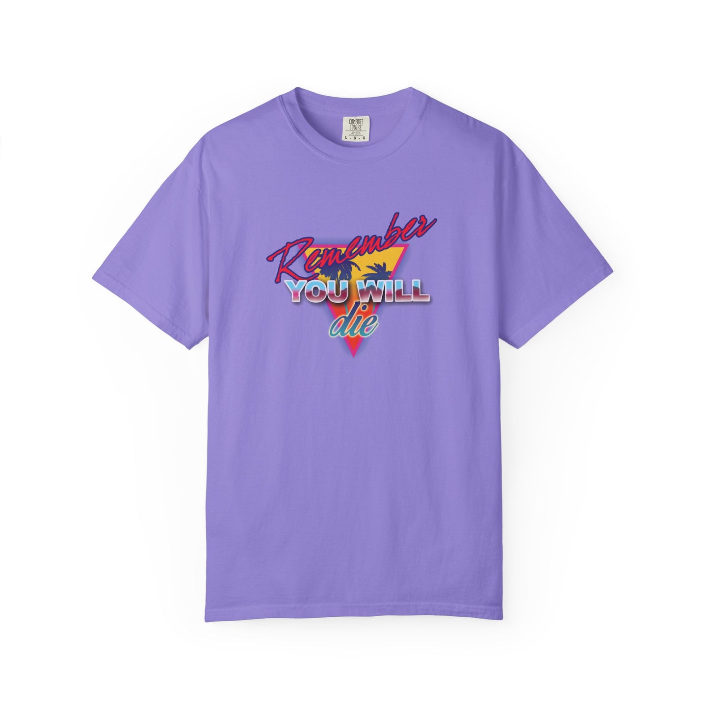 Violet heavyweight cotton tee, featuring “Remember You Will Die” in bold 80s retro synthwave style with a palm tree; inspired by Orthodox memento mori tradition and St. John Climacus’s Ladder of Divine Ascent teachings.