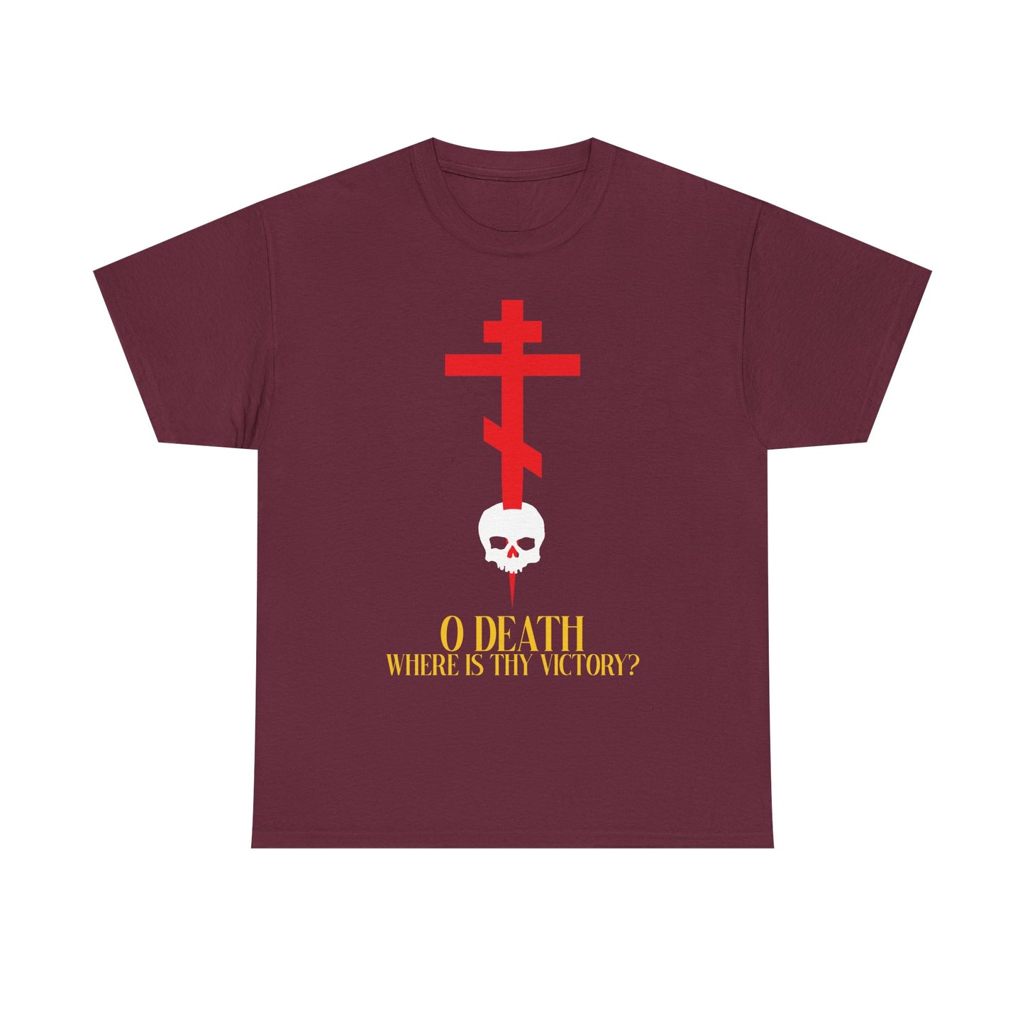 O Death Where is Thy Victory? (1 Corinthians 15:55) | Cross Stabbing Skull | Jesus Christ is King | Orthodox Midweight Cotton Unisex Tee