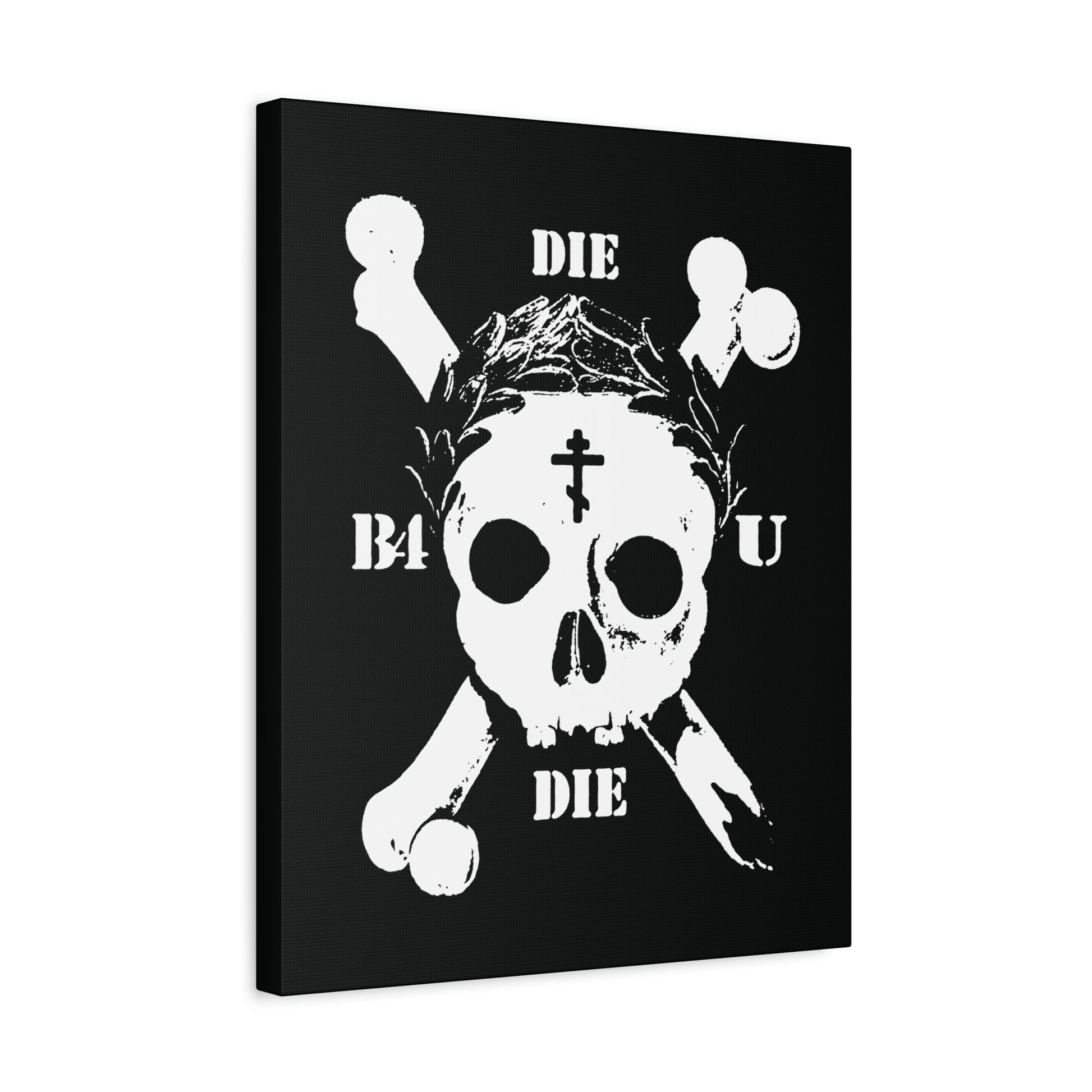 Die Before You Die: Retro wall art with a white skull & crossbones, Orthodox cross, and laurel victory wreath—Memento Mori inspired by ascetic Christian themes from Matthew 16:24-25.