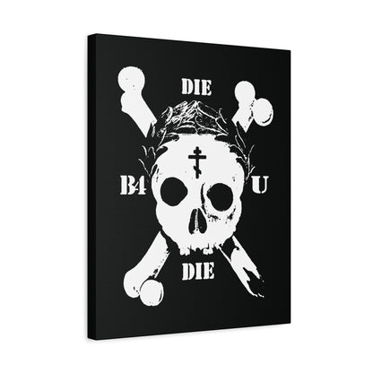 Die Before You Die: Retro wall art with a white skull & crossbones, Orthodox cross, and laurel victory wreath—Memento Mori inspired by ascetic Christian themes from Matthew 16:24-25.