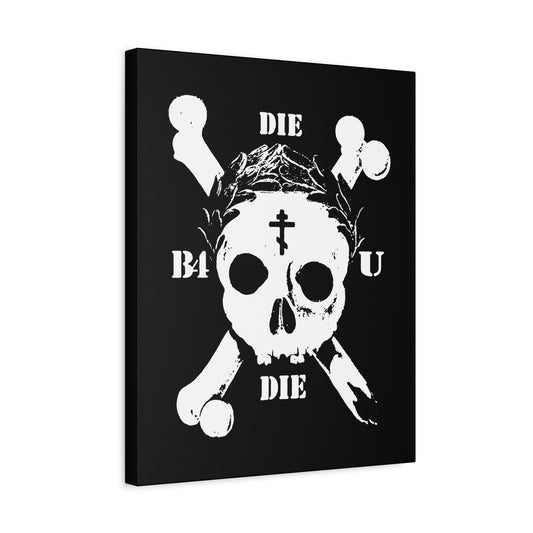 Die Before You Die: Retro wall art with a white skull & crossbones, Orthodox cross, and laurel victory wreath—Memento Mori inspired by ascetic Christian themes from Matthew 16:24-25.