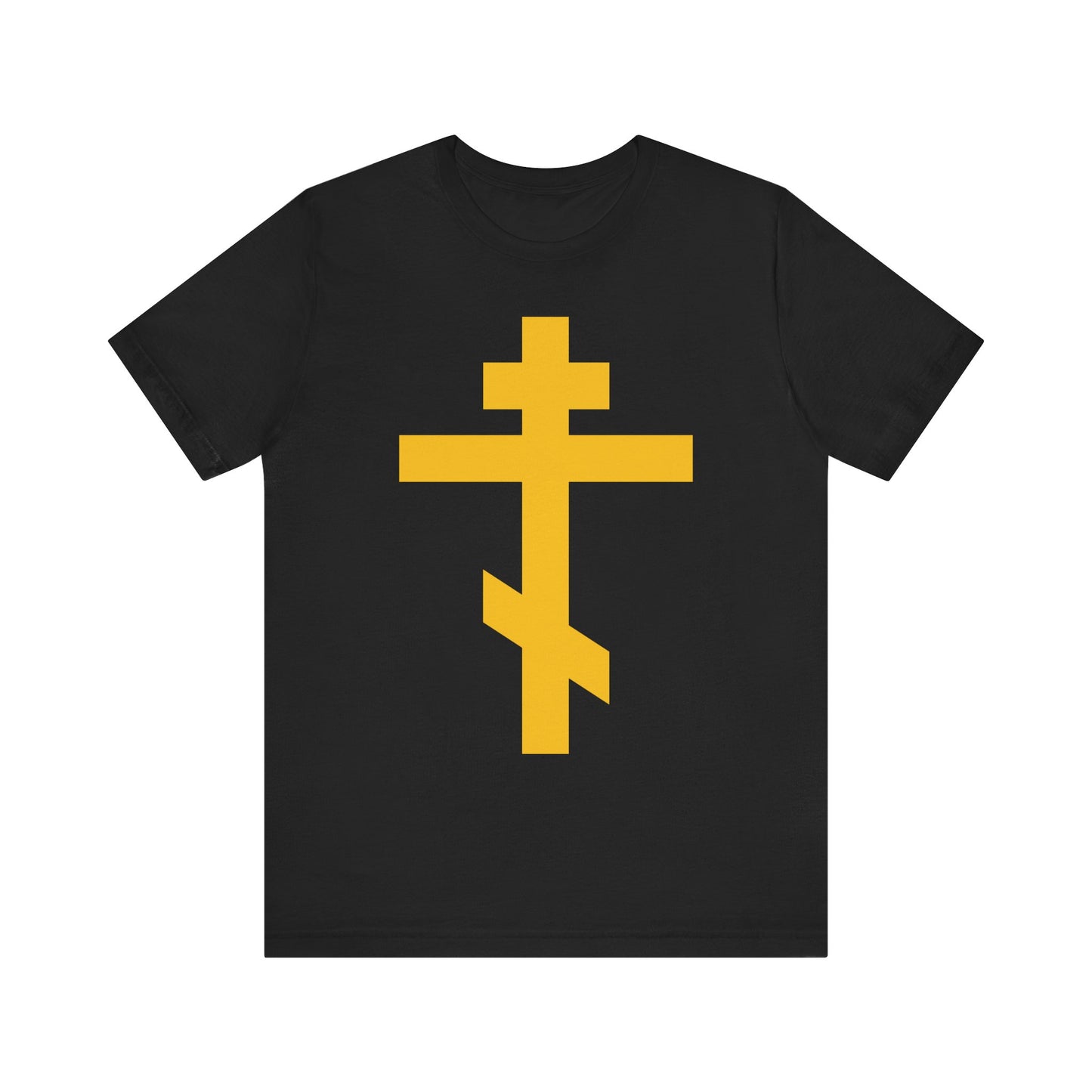 Black t-shirt featuring a bold yellow Orthodox Cross graphic on the front—the Precious and Life-Giving Weapon of Unseen Warfare and Scourge of Demons—designed to inspire Christian meditation and daily reflection. This lightweight cotton unisex tee serves as a reminder of Galatians 2:20, that we are crucified with Christ.