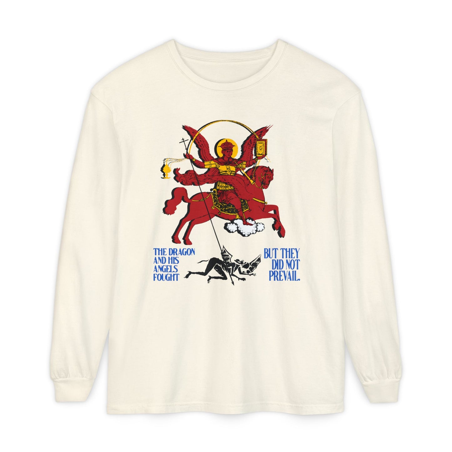 Apocalyptic St Michael Icono-Graphic (Rev 12:7-8) | Red Angel & Horse | Blue Lettering | Orthodox Christian Cotton Long Sleeve Shirt