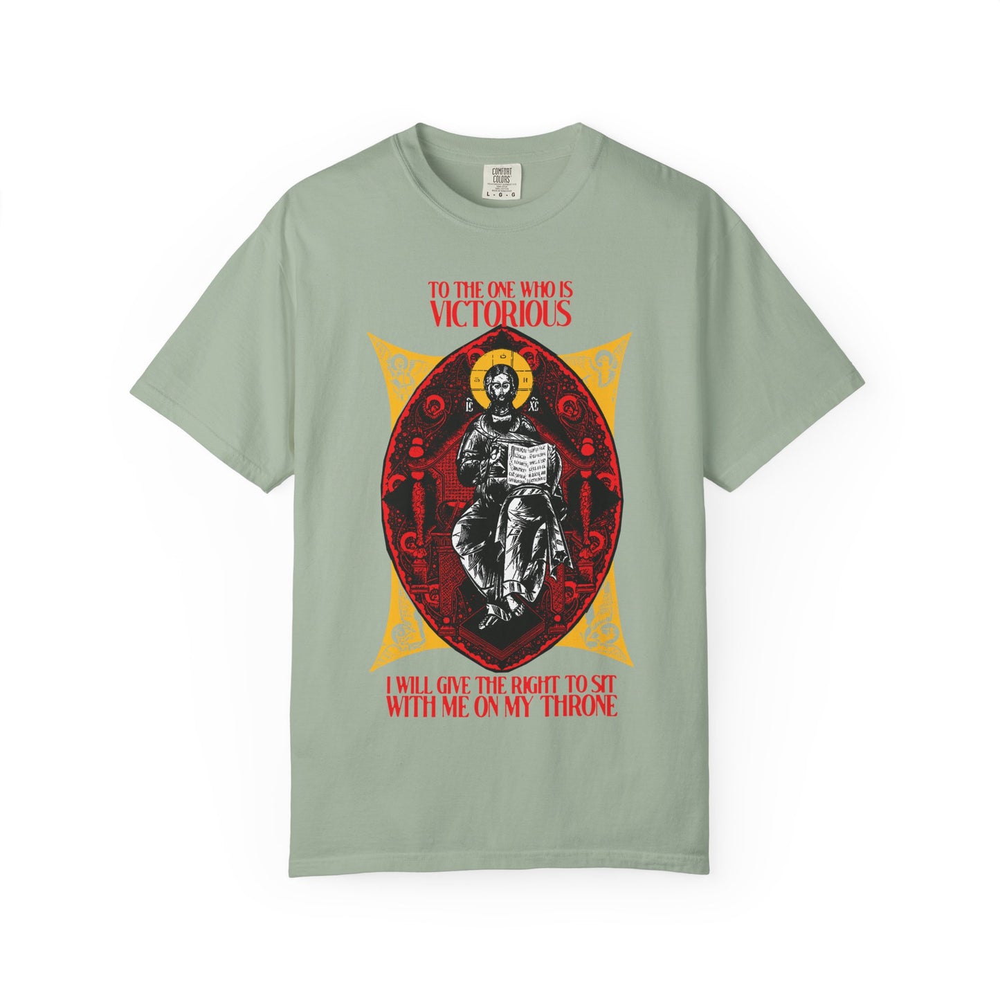 Bay-colored heavyweight cotton unisex tee, featuring a Christ is King, Enthroned In Glory icon and red text: “To the one who is victorious… my throne” (Rev 3:21)—a reminder of reigning with Christ.