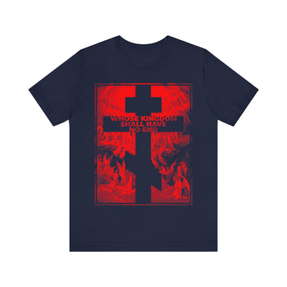Navy "Whose Kingdom Shall Have No End" Orthodox t-shirt features Gustave Doré etching and red cross, inspired by the Nicene Creed and Christian faith.