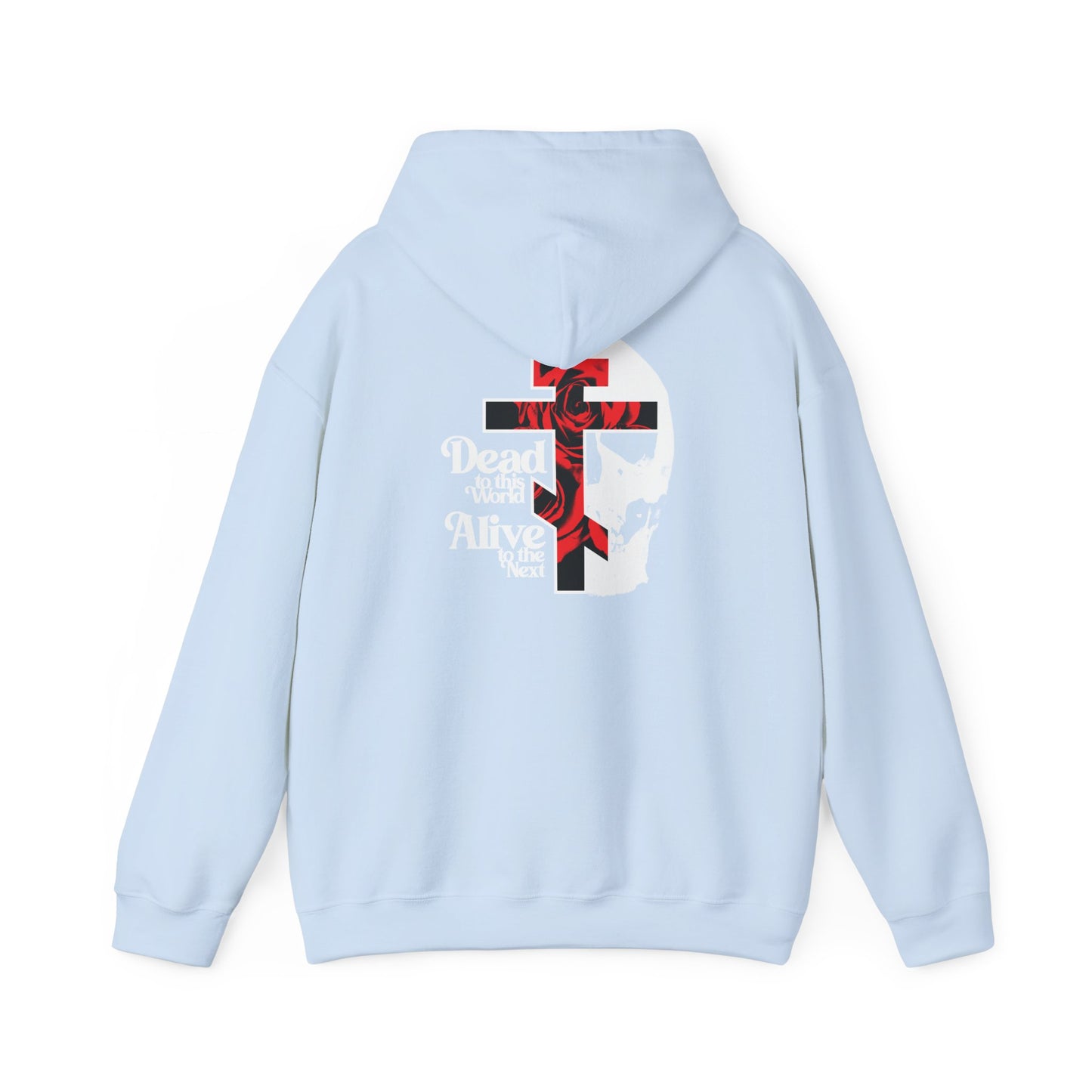 Light blue “Dead to this World” hoodie featuring a striking Christian goth flower cross and skull design in 70s typography on the back—an Orthodox Christian bestseller that invokes the spirit of The Ladder of Divine Ascent, symbolizing renunciation of the world.