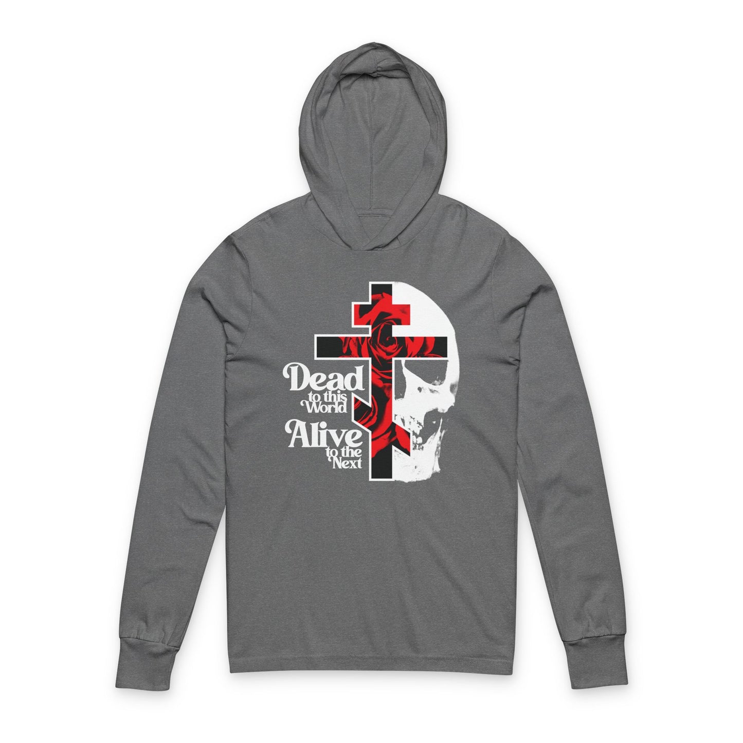 Dead to this World Alive to the Next | Goth Aesthetic Flower Cross & Skull | 70s Typography | Bestselling | Orthodox Long Sleeve Hooded Shirt