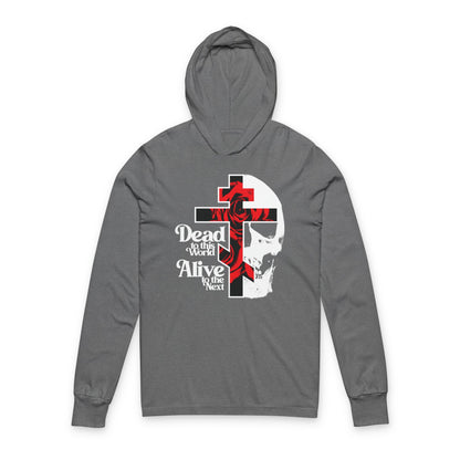 Dead to this World Alive to the Next | Goth Aesthetic Flower Cross & Skull | 70s Typography | Bestselling | Orthodox Long Sleeve Hooded Shirt