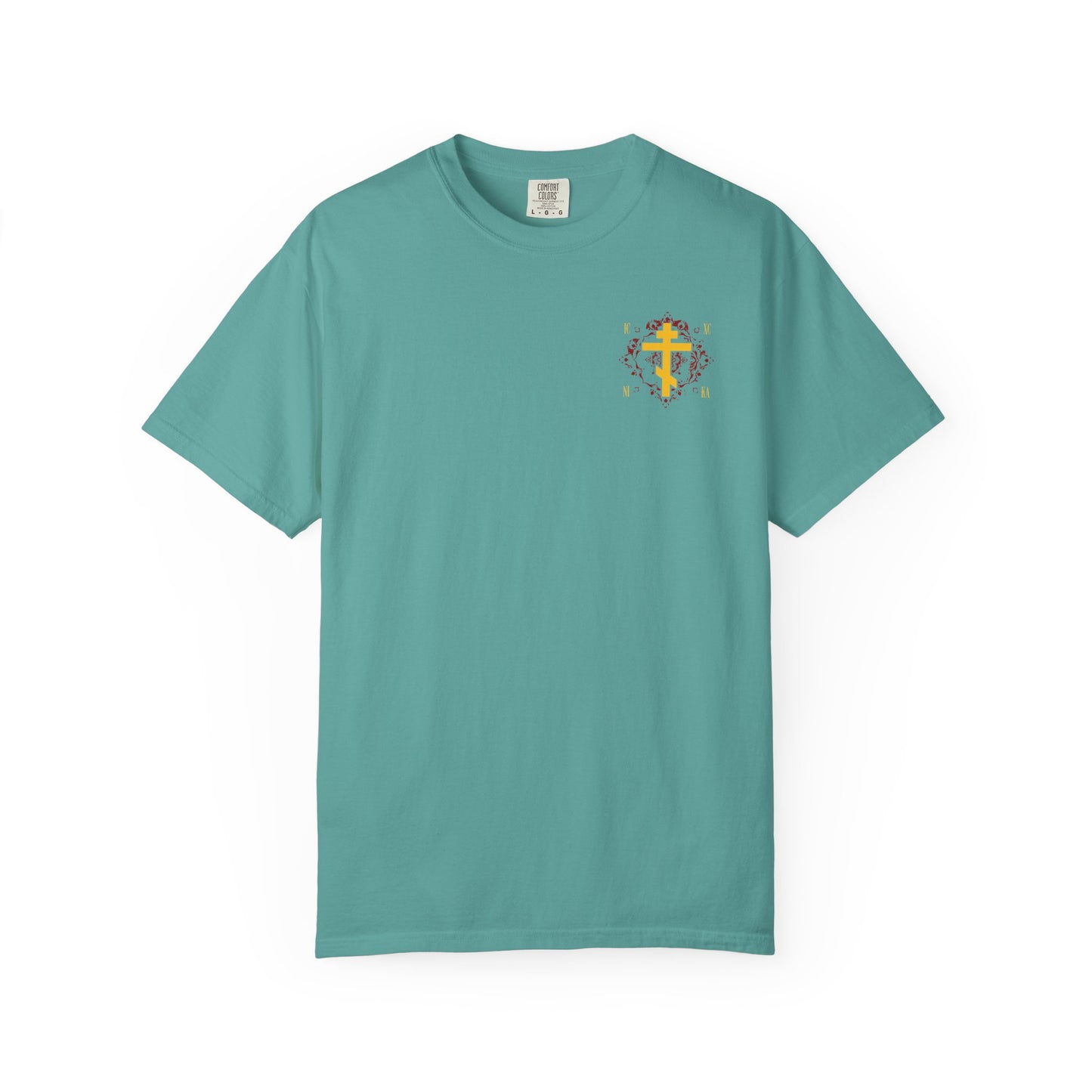 A seafoam heavyweight cotton unisex t-shirt featuring a small yellow ICXC NIKA Orthodox Cross on an ornate red background, inspired by Christ's victory and the spirit of faith.
