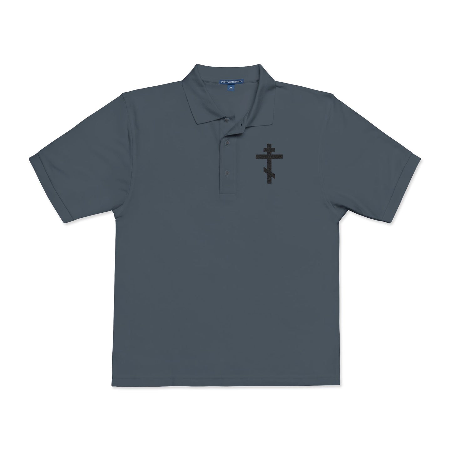 Embroidered Black Orthodox Cross | "May I never boast, except in the cross of our Lord Jesus Christ" (Gal 6:14) | Christian Polo Shirt