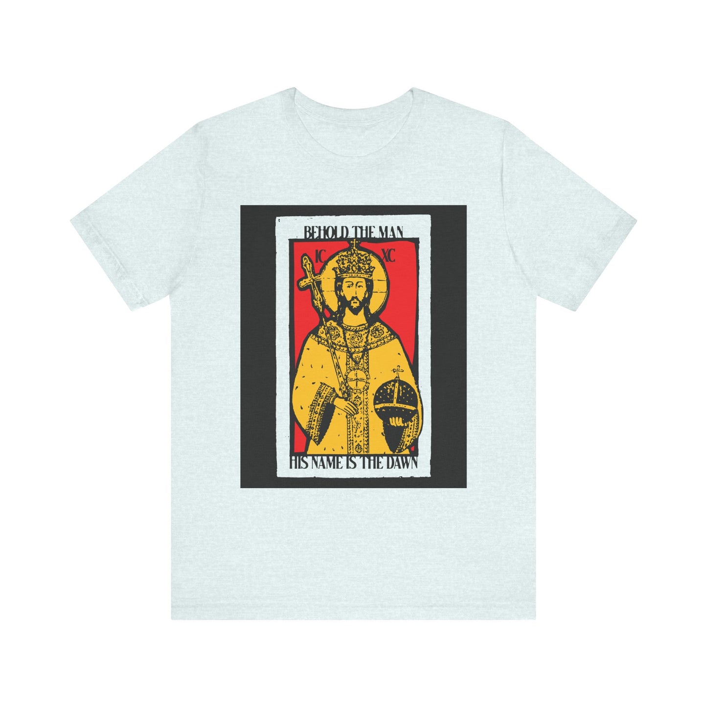 Heather Ice Blue unisex tee with red & yellow Christ icon-inspired graphic and “BEHOLD THE MAN HIS NAME IS THE DAWN” (Zechariah 6:12 LXX)—a Messianic symbol of hope, resurrection, and inspiration. Lightweight cotton.
