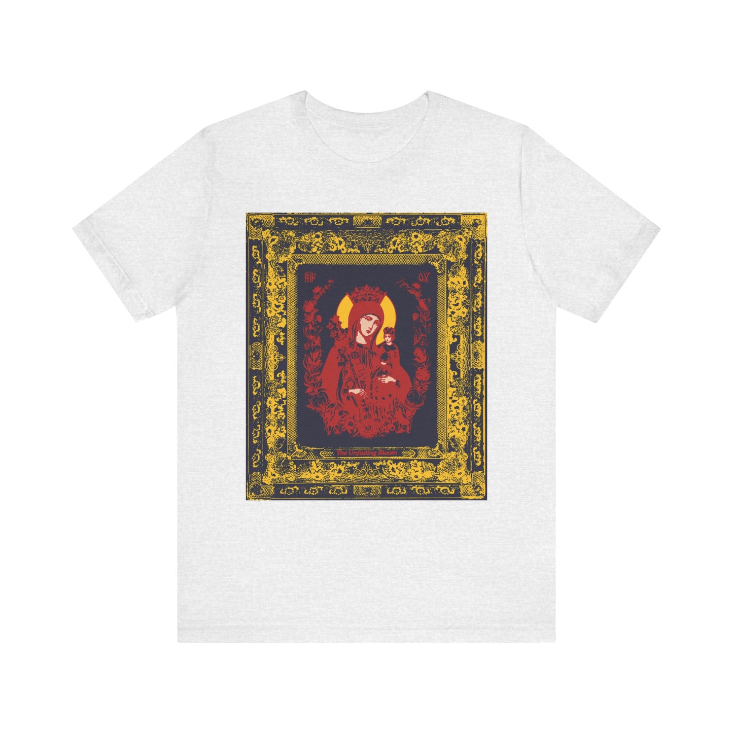Ash t-shirt featuring an ornate gold frame and a vivid red, religious-style iconographic illustration of the crowned Mother of God at the center—an image inspired by traditional Akathist hymns, evoking the reverence of the Fragrant Flower. Product: Unfading Bloom Ornate Theotokos Iconographic | Mary, the Mother of God | Orthodox Christian Lightweight Cotton Unisex Tee.