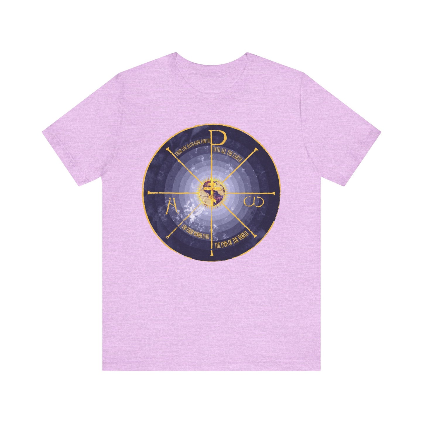 Heather Prism Lilac tee with a blue and yellow medieval-style graphic featuring the Geocentric Cross, Chi Rho, Alpha & Omega, and other Orthodox Christian symbols. Lightweight cotton unisex design.