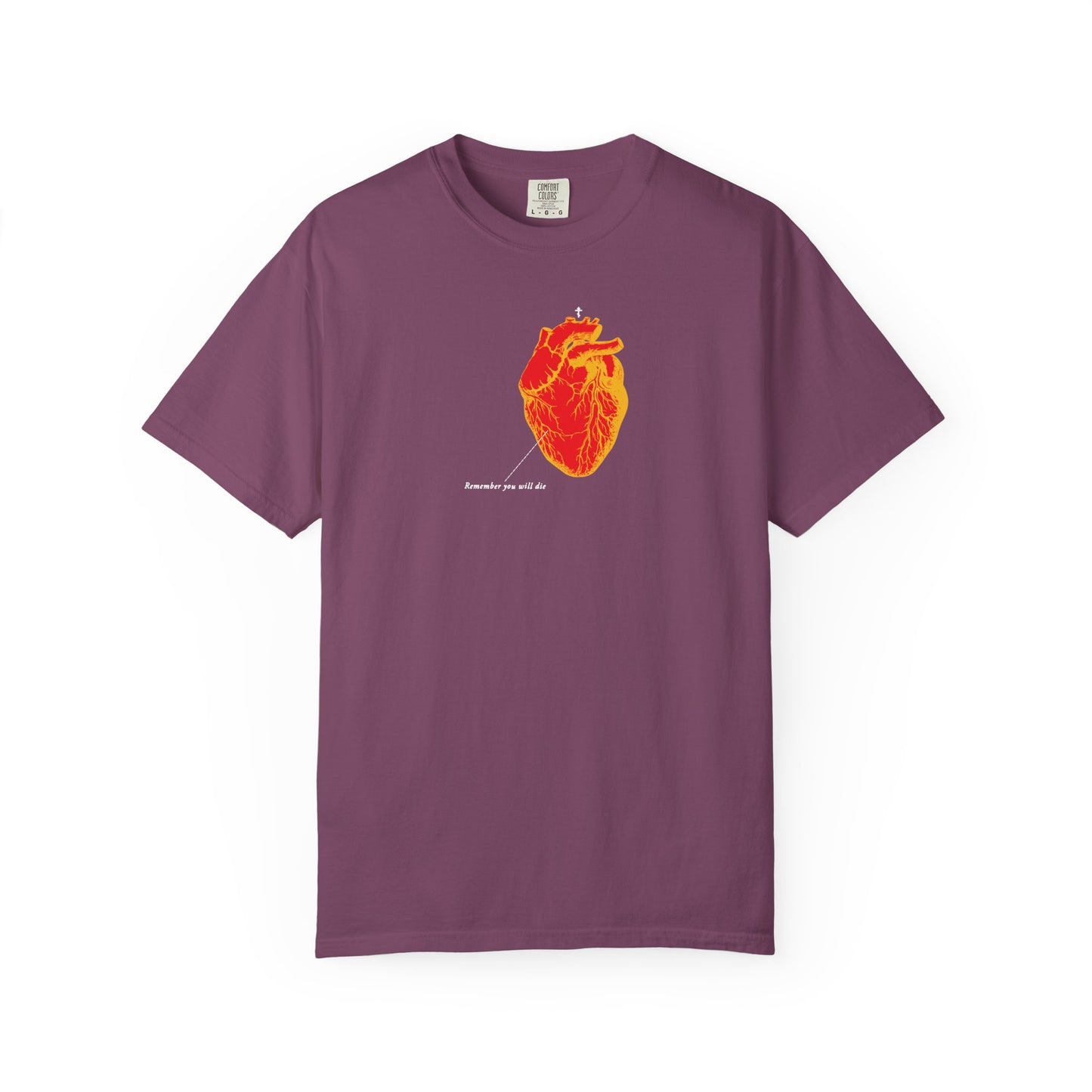 Berry heavyweight cotton unisex tee featuring an antique medical textbook heart design in red and orange, symbolizing memento mori, with small white text below. Product: Remember You Will Die Memento Mori Orthodox T-shirt.