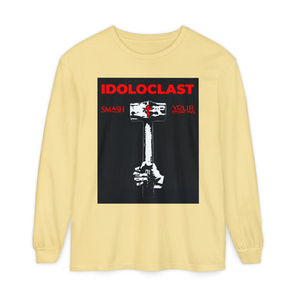 Butter-colored long-sleeve shirt featuring a graphic of Jesus’ fist holding a sledgehammer with the text: IDOLOCLAST, Smash Your Passions. ICXC NIKA. Orthodox Christian asceticism design.